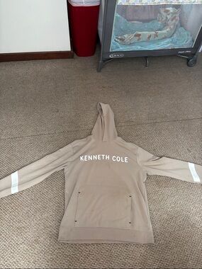 Kenneth Cole Men’s Beige Crewneck Hoodie with White Stripe